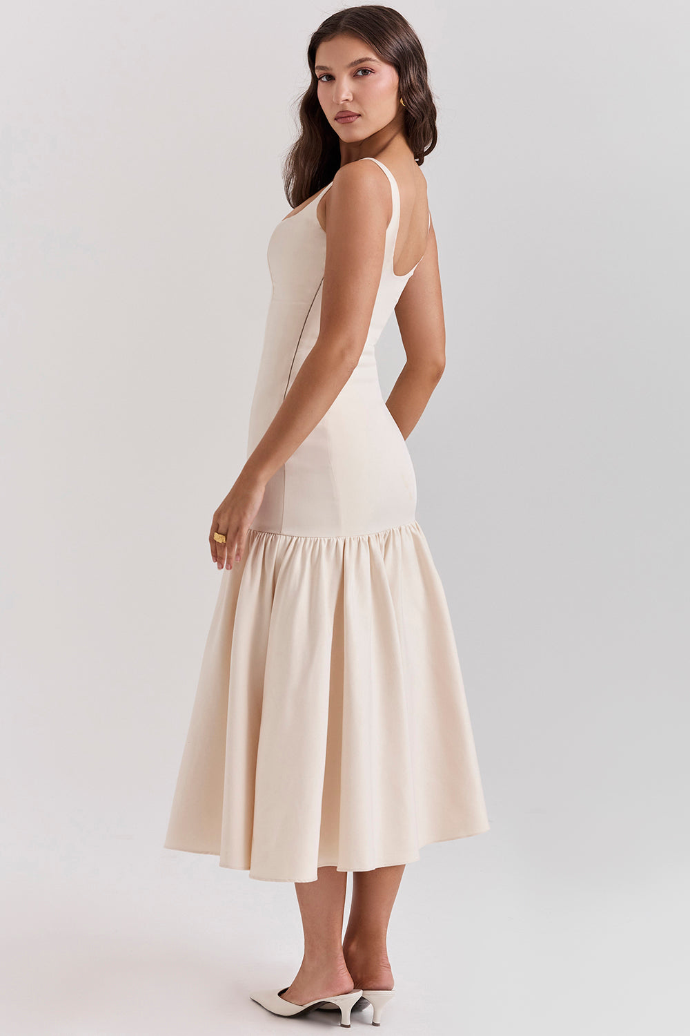 Midi dress with dropped waist