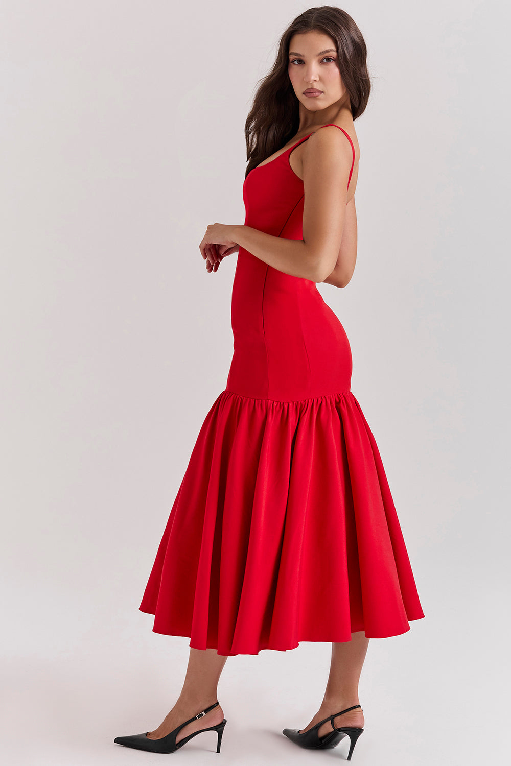 Midi dress with dropped waist