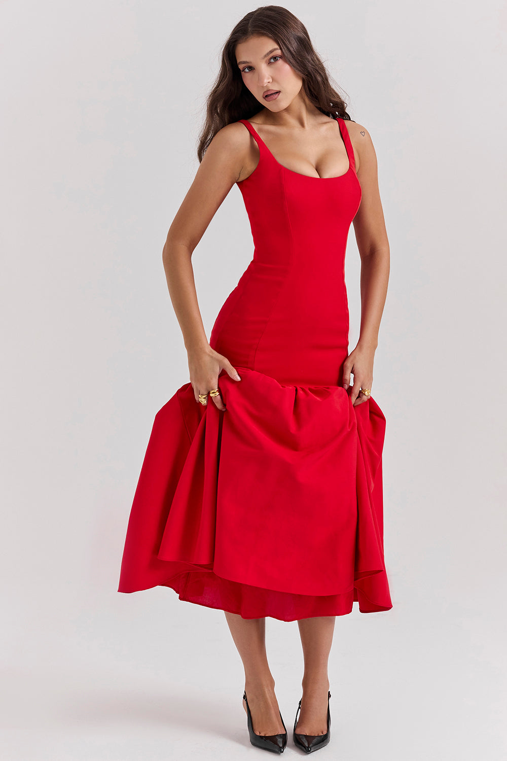 Midi dress with dropped waist