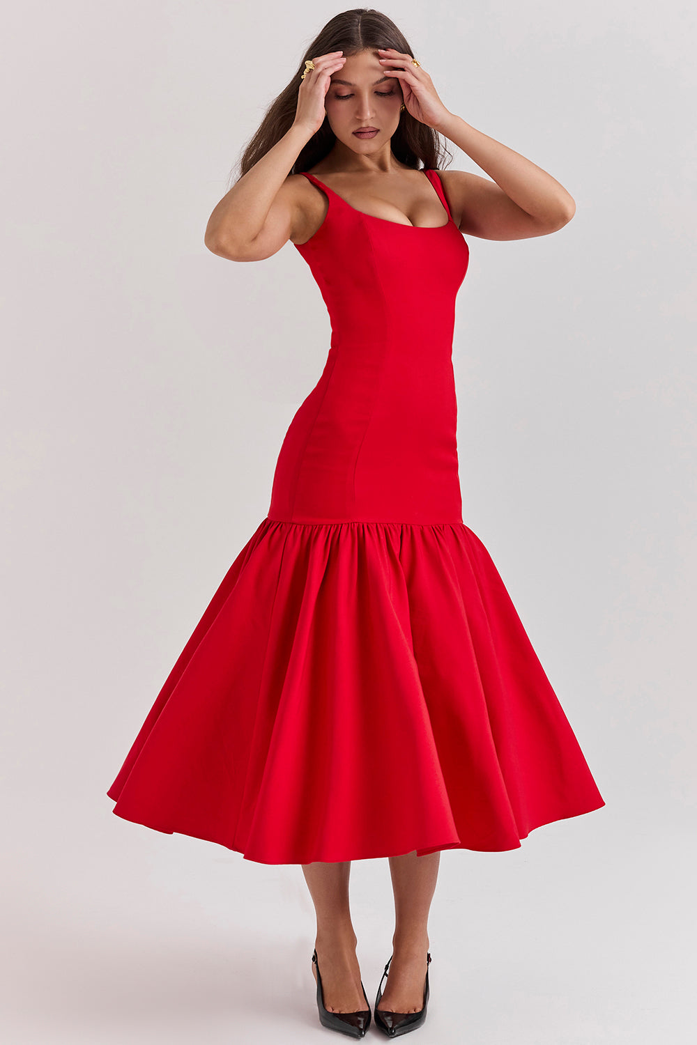 Midi dress with dropped waist