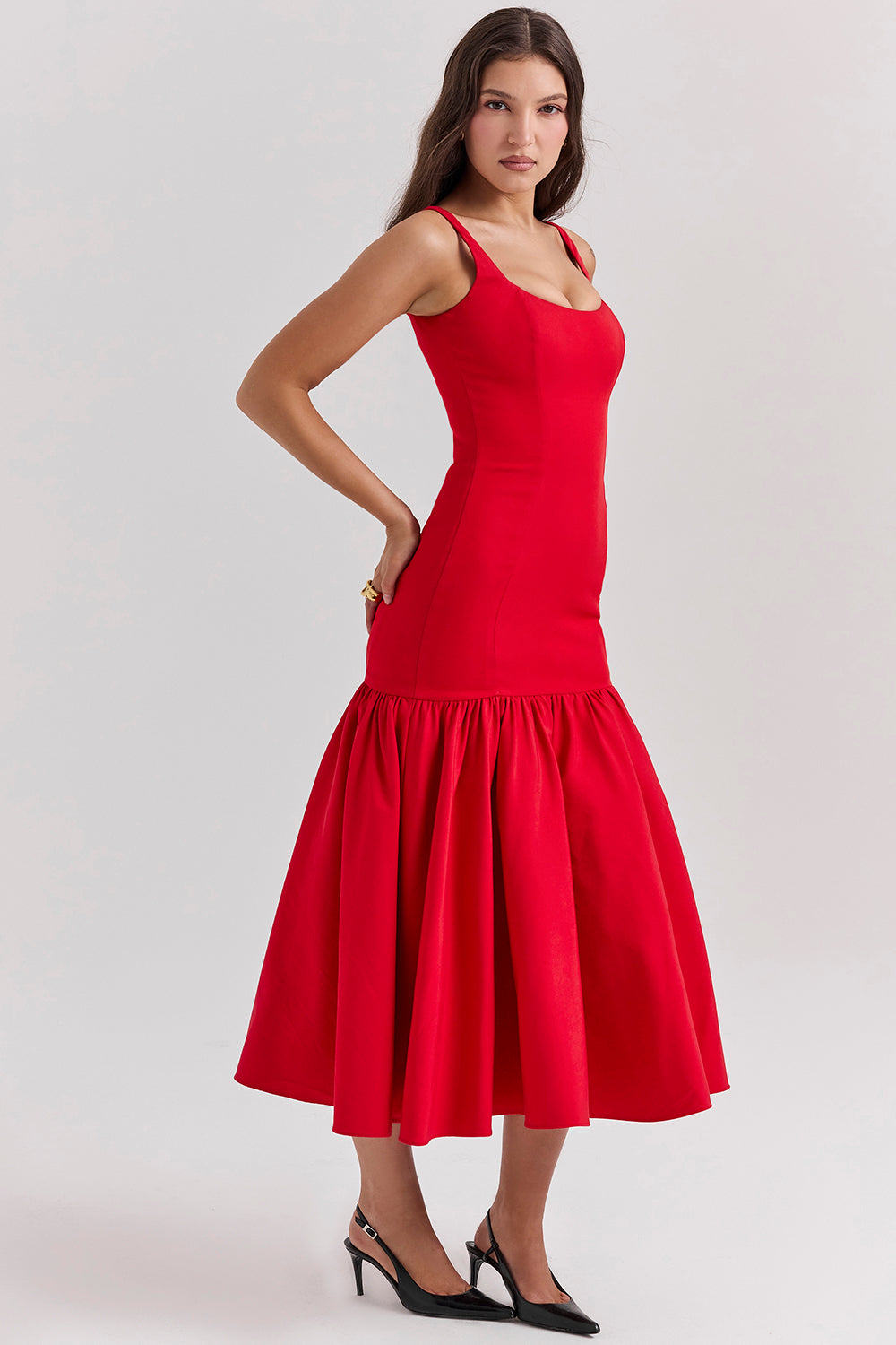 Midi dress with dropped waist