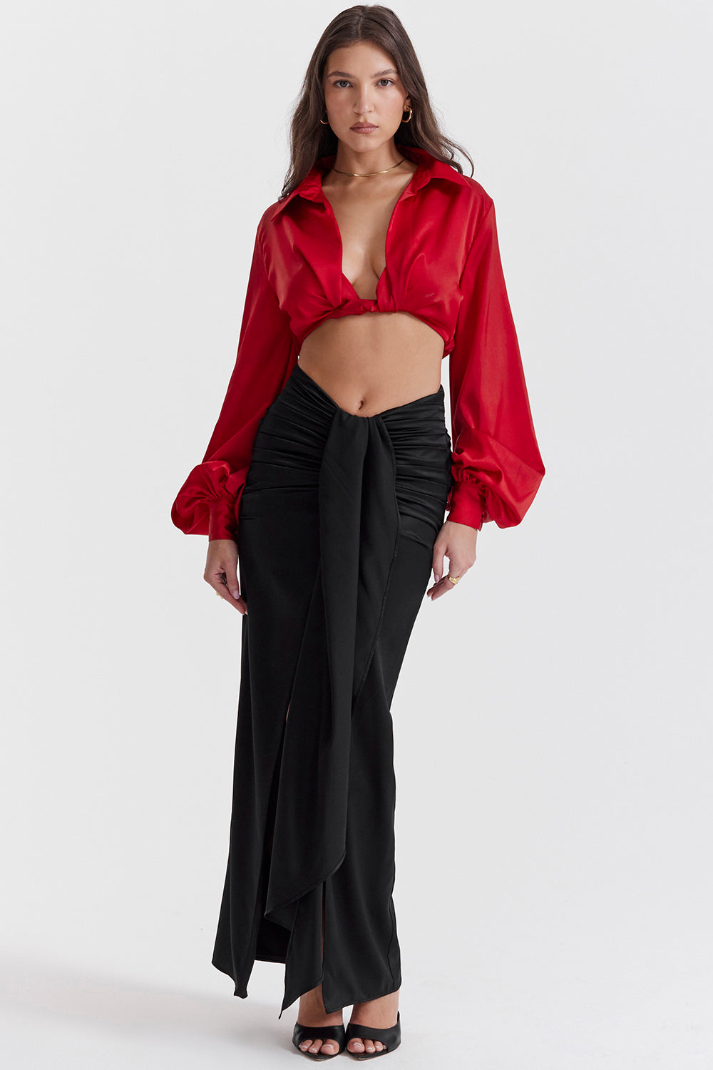 Cherry silk blouson top with draped silk maxi skirt