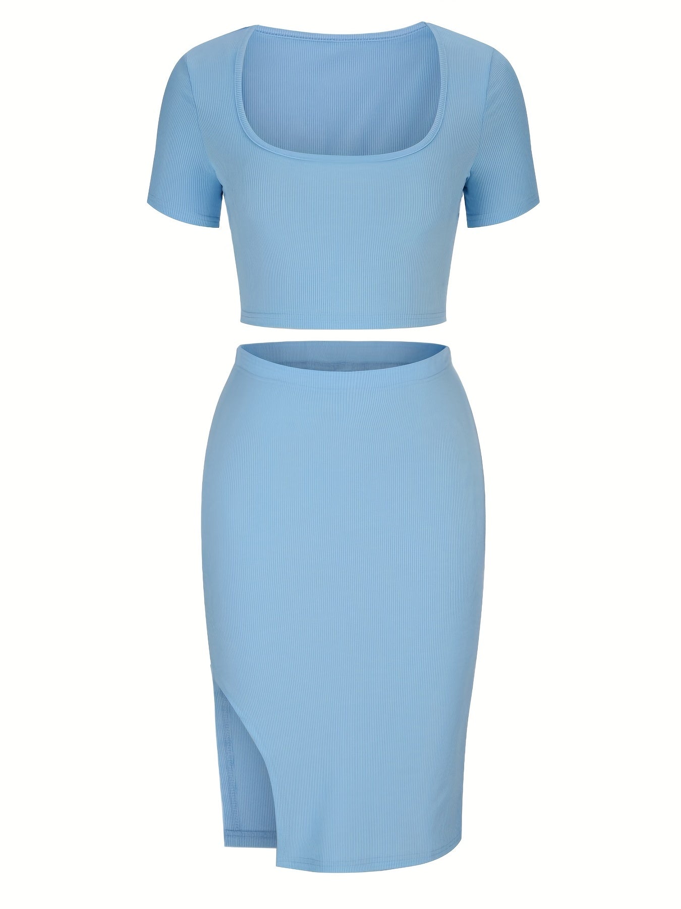 Crop top with square neckline and fitted skirt with slit