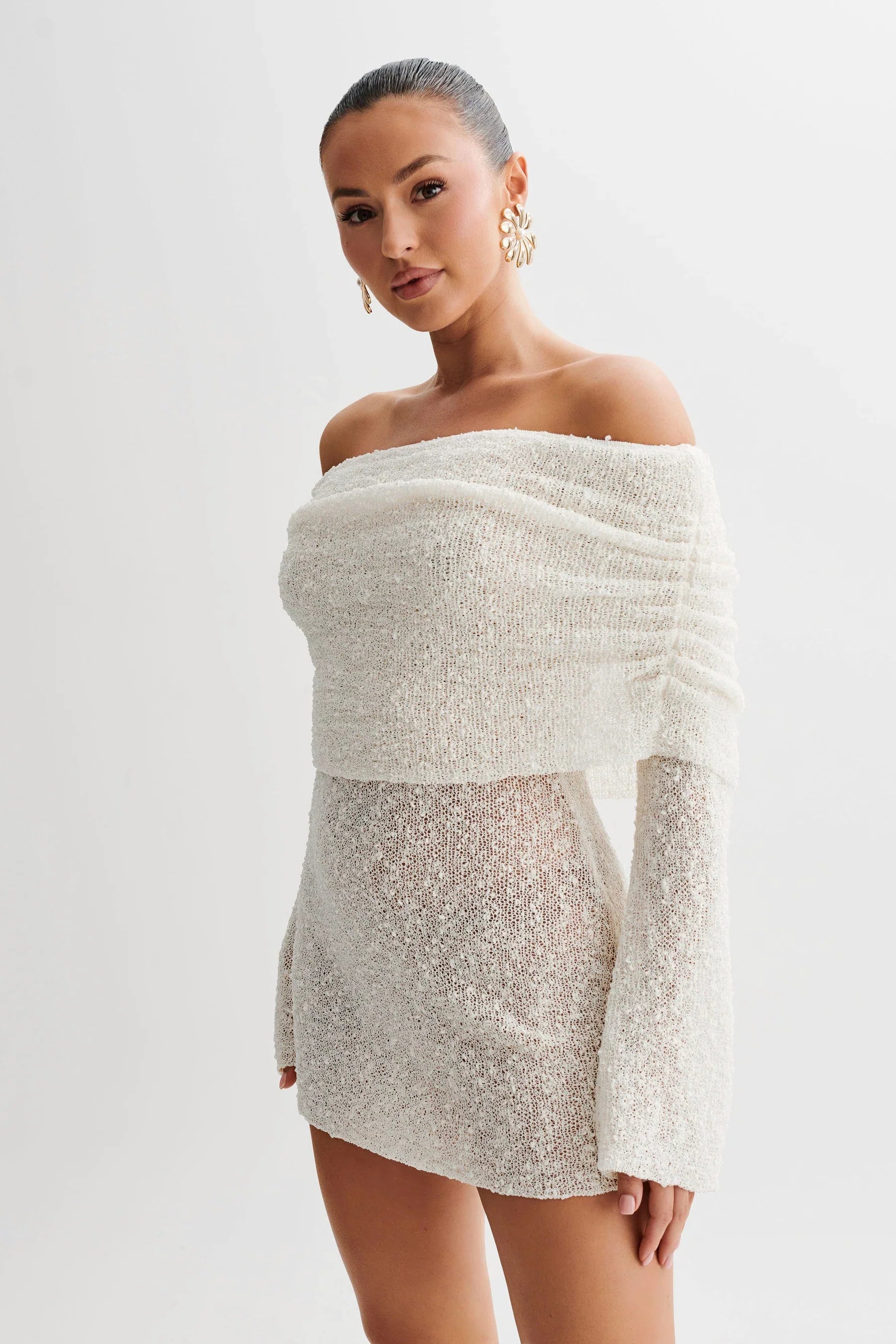 See Thru Off-Shoulder Knit Mini Dress