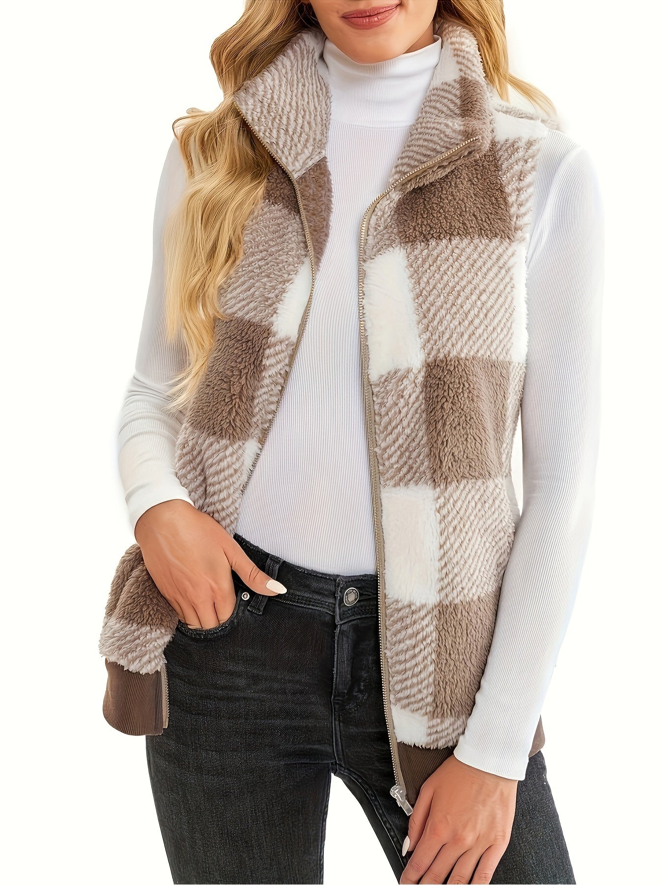 Checked teddy cardigan with stand-up collar