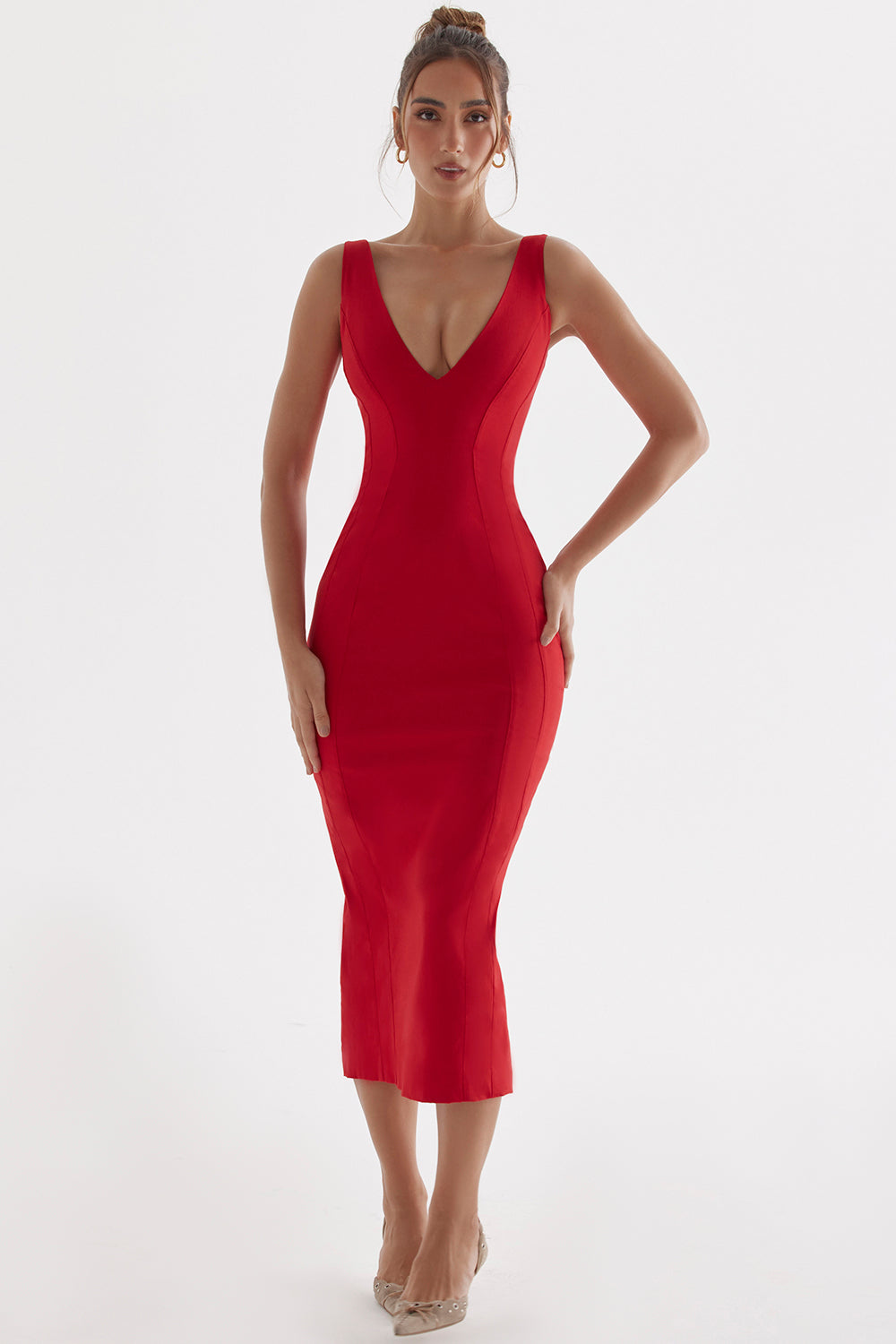 Deep-cut maxi dress with red roses