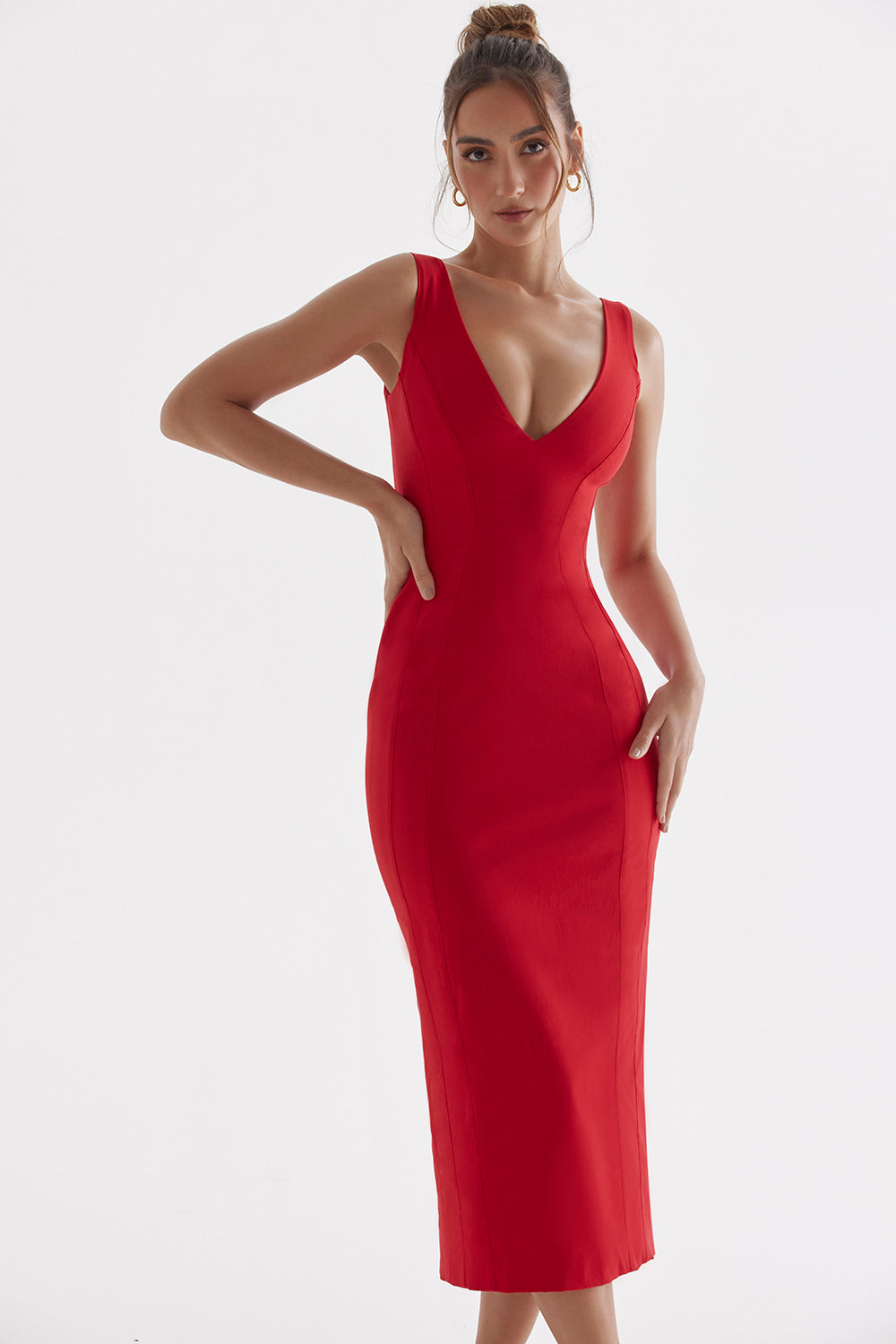 Deep-cut maxi dress with red roses