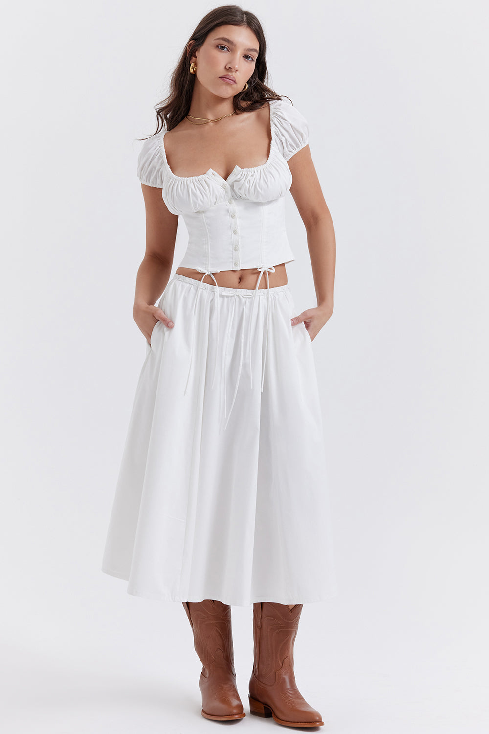 White top with ruffles and midi skirt