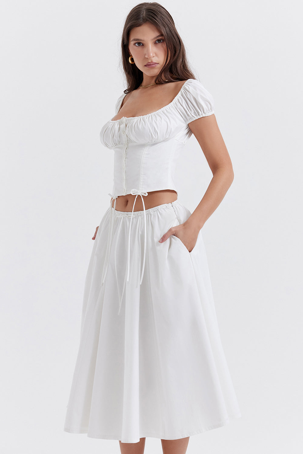 White top with ruffles and midi skirt