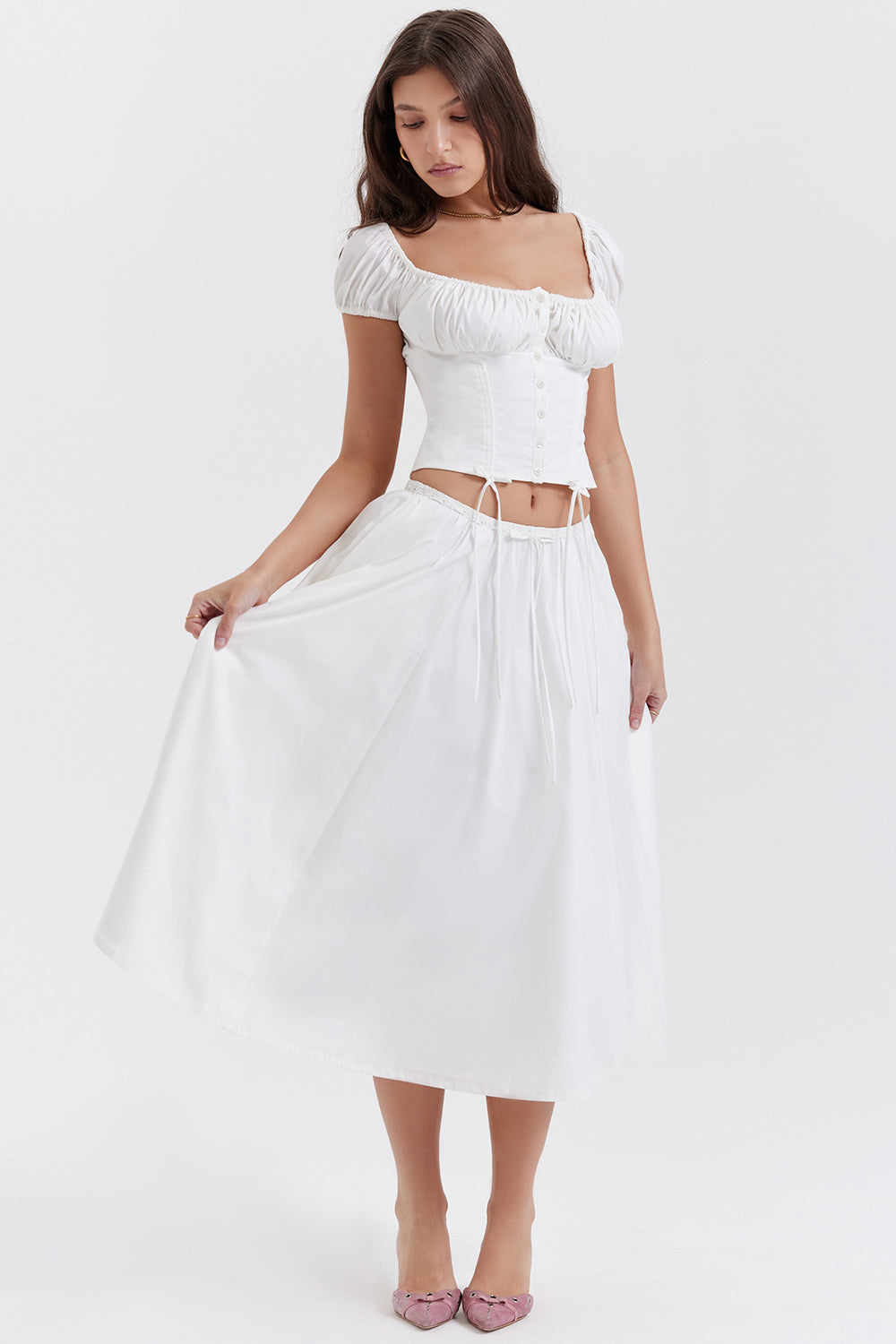 White top with ruffles and midi skirt