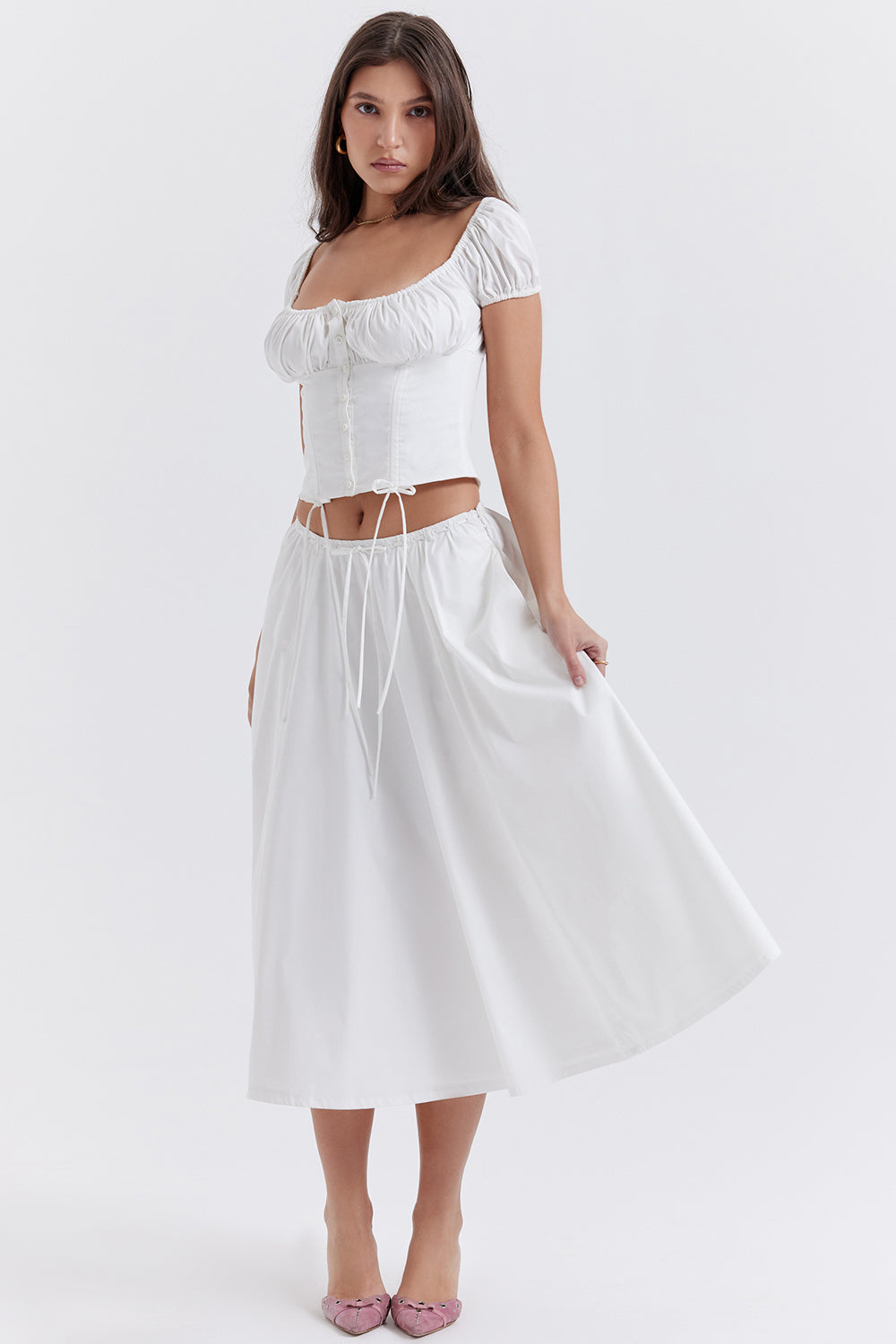 White top with ruffles and midi skirt