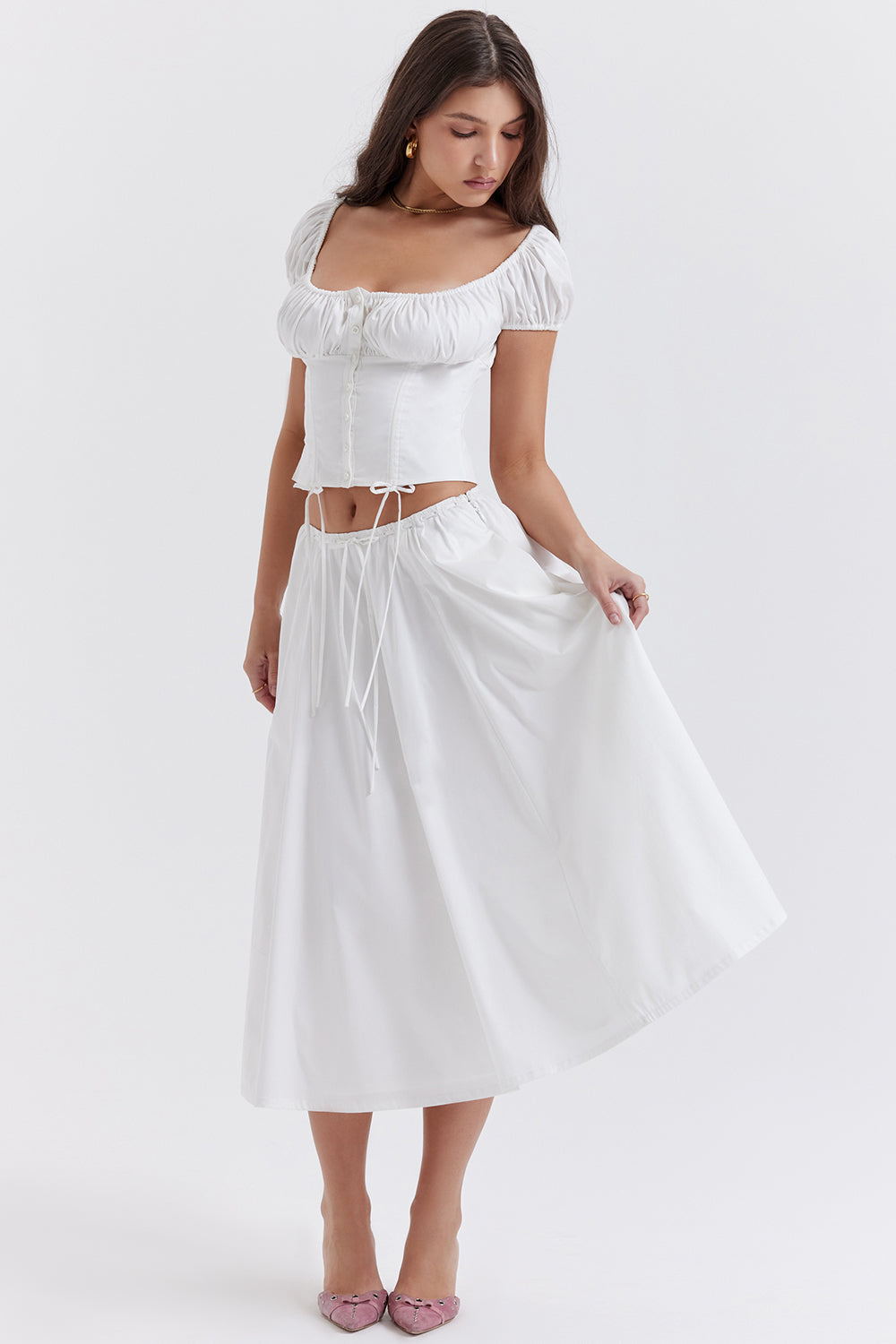 White top with ruffles and midi skirt