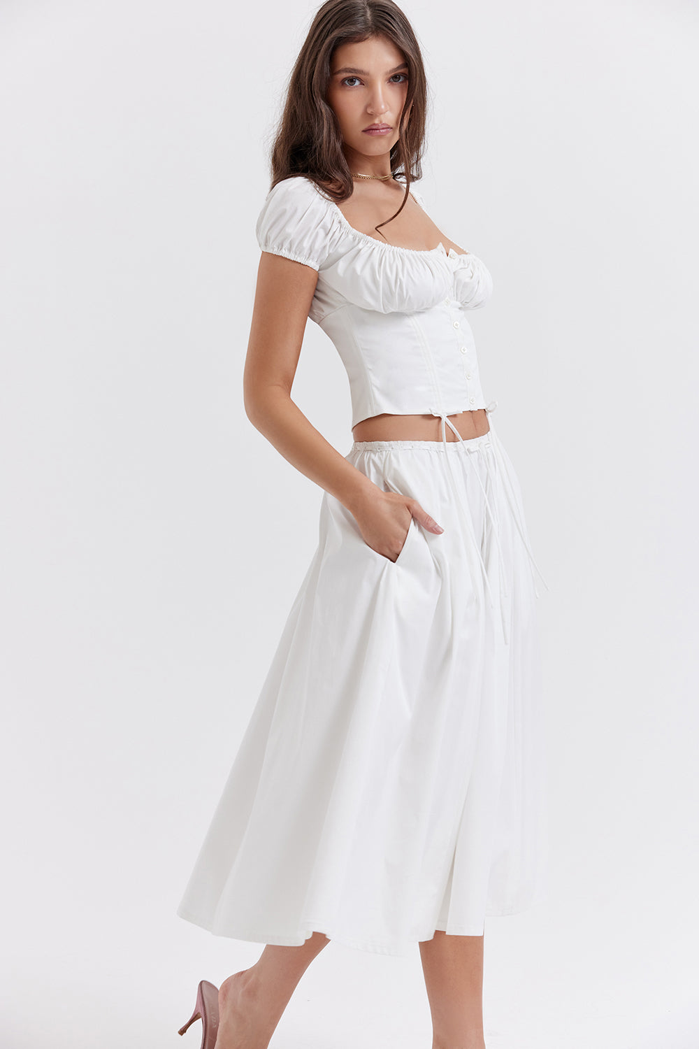 White top with ruffles and midi skirt