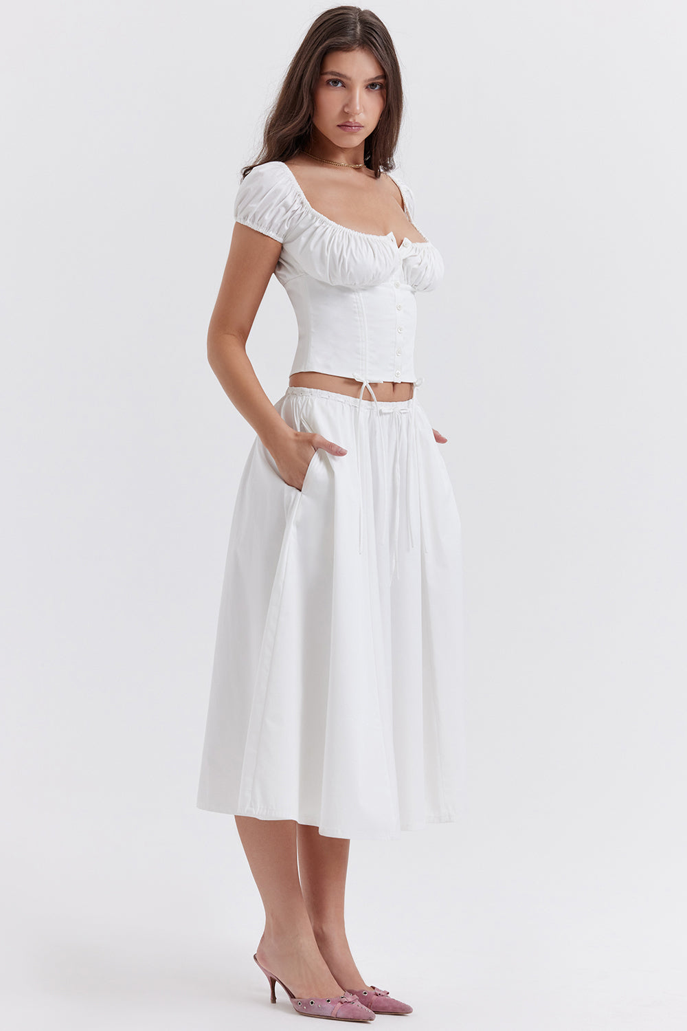 White top with ruffles and midi skirt