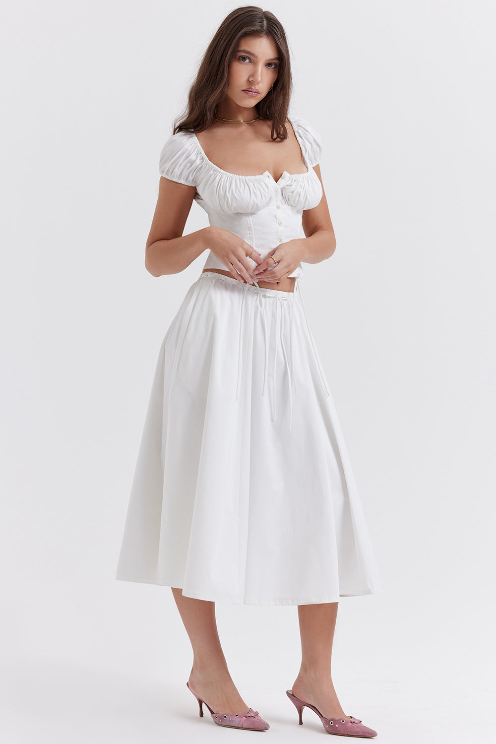 White top with ruffles and midi skirt