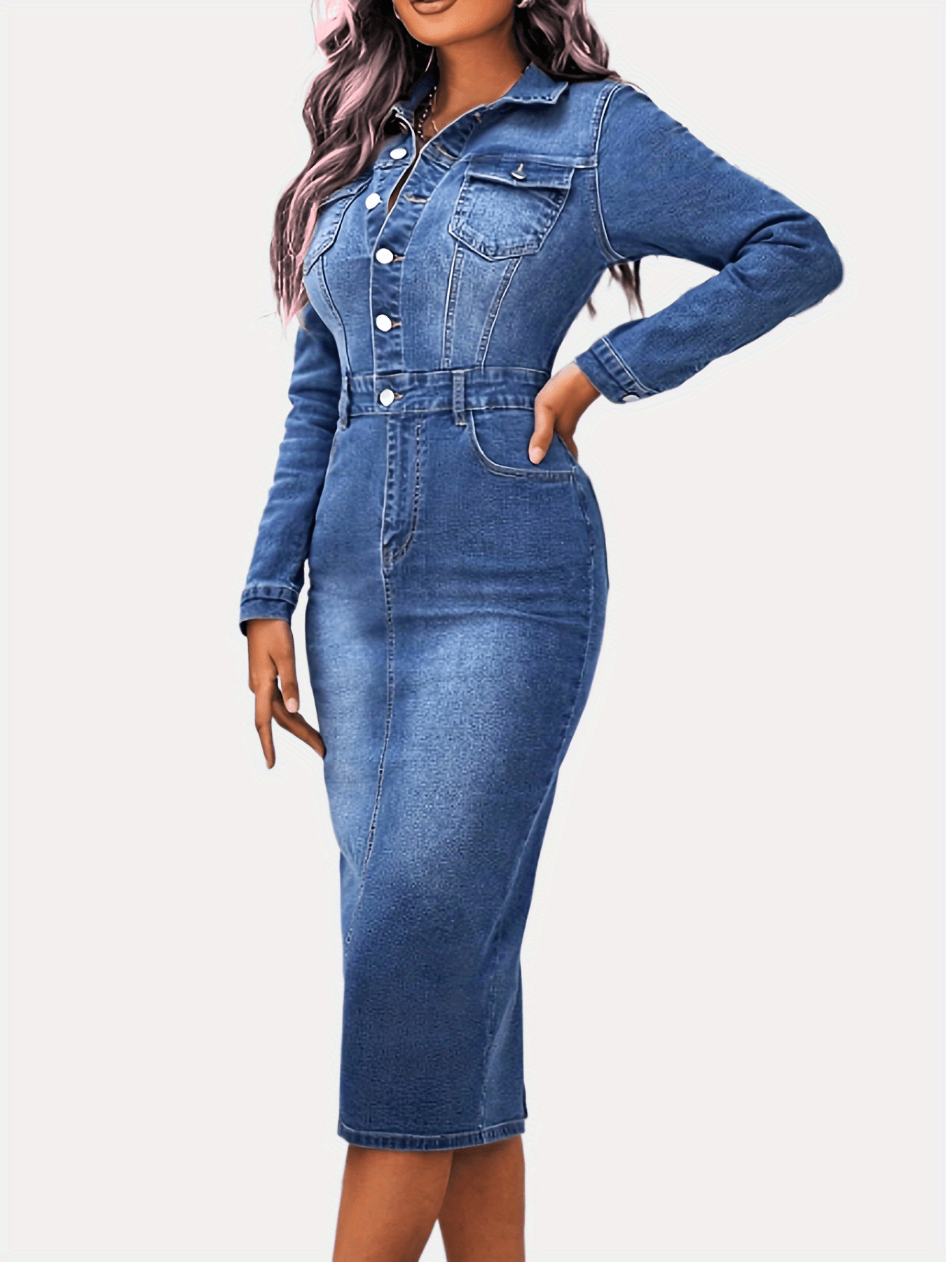 Blue denim dress with long sleeves