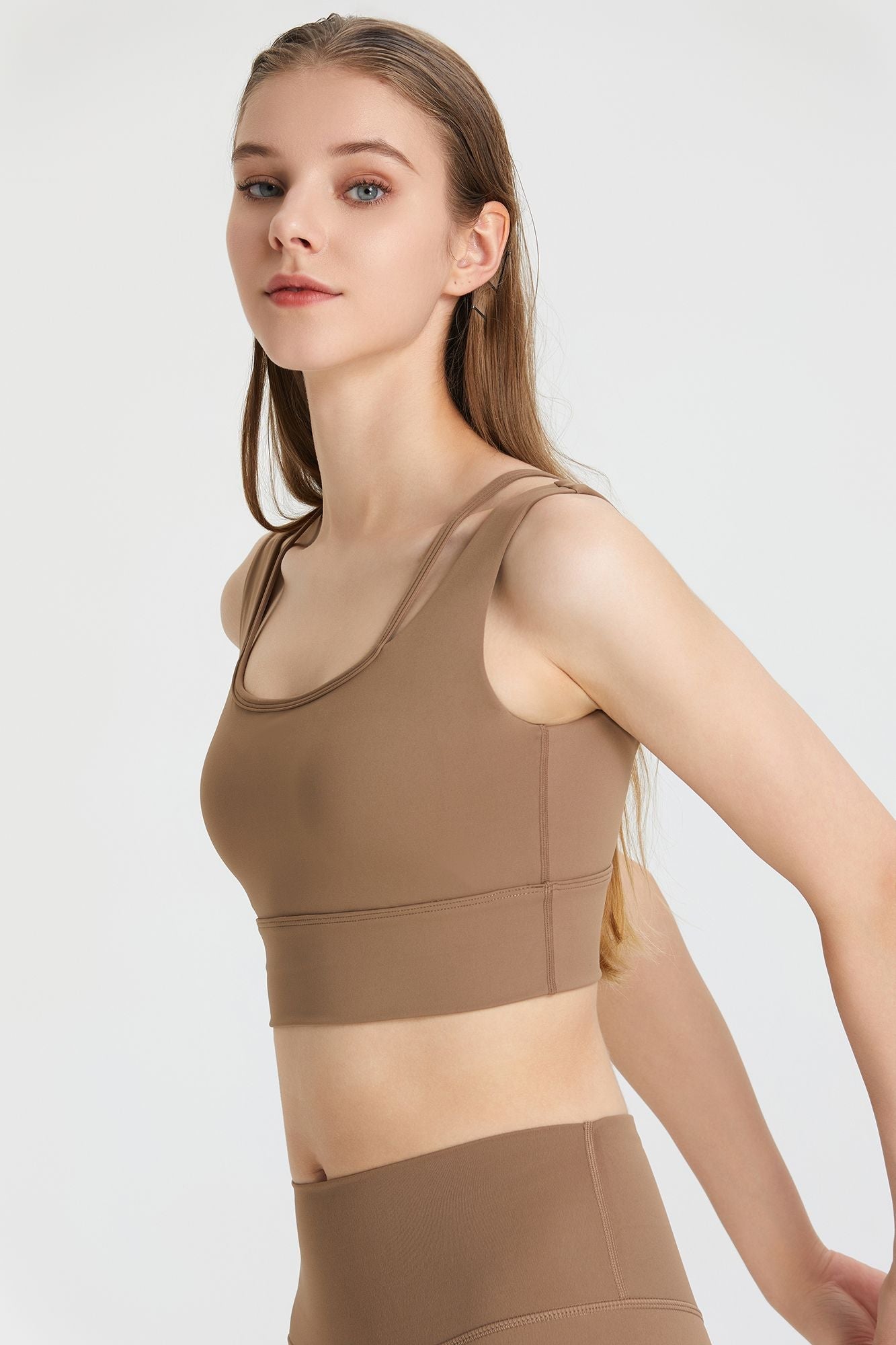 Sports bra with a deep V-neck and open back