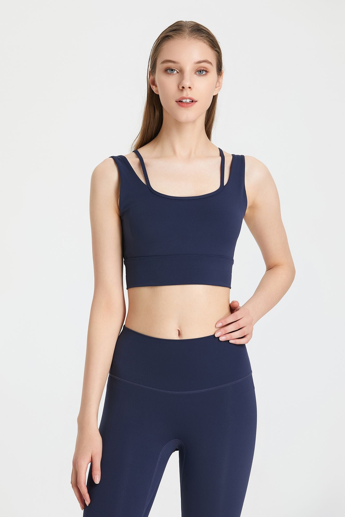 Sports bra with a deep V-neck and open back