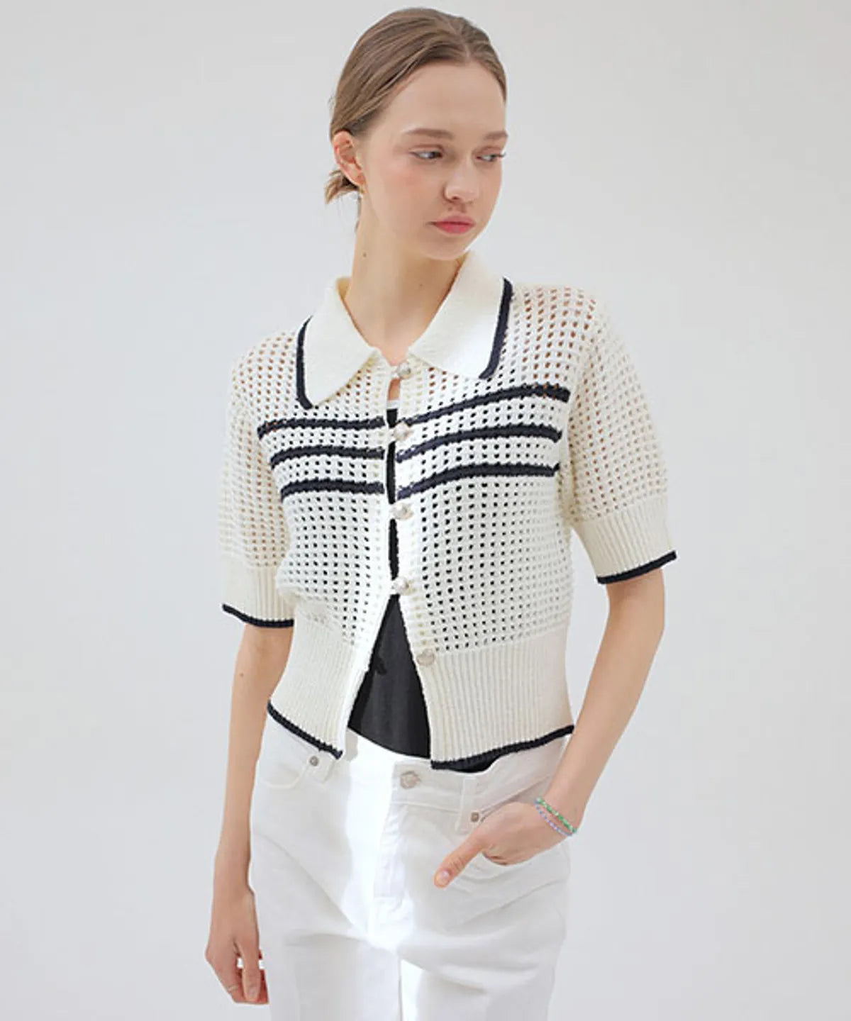 Stripe Collar White Cardigan