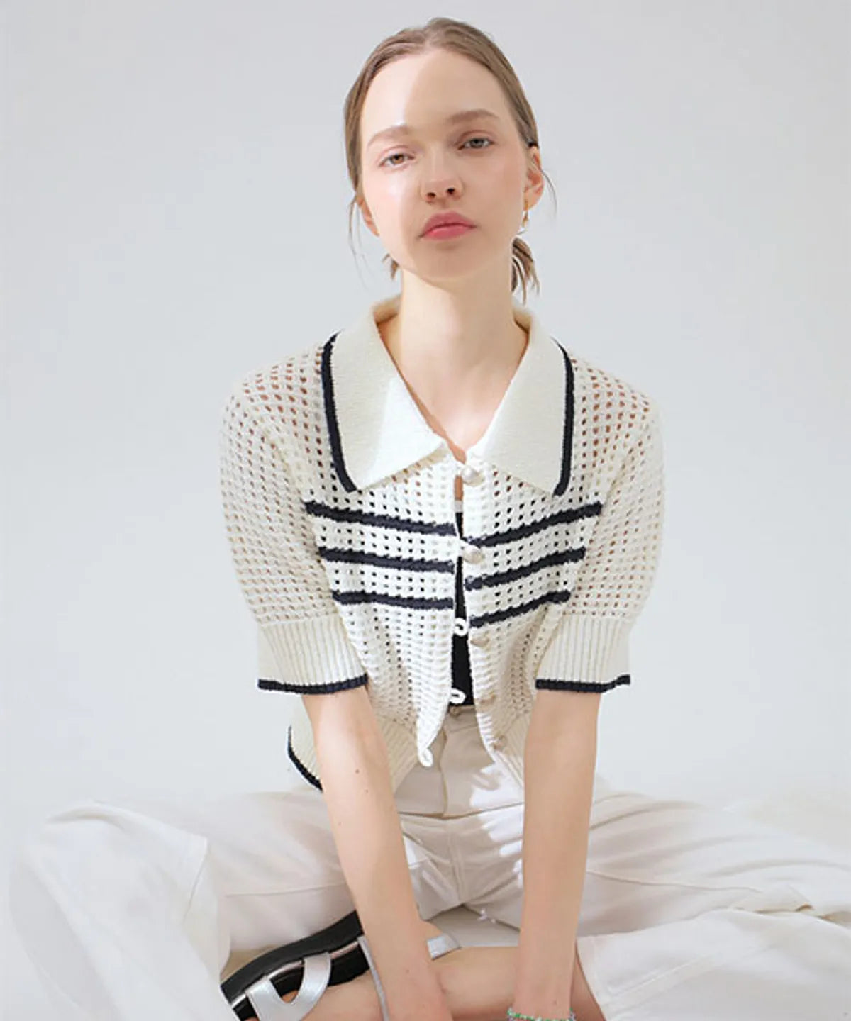 Stripe Collar White Cardigan