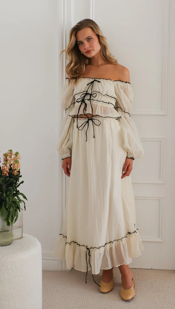 Summer Off-Neck Puff Long Sleeve Maxi Dress