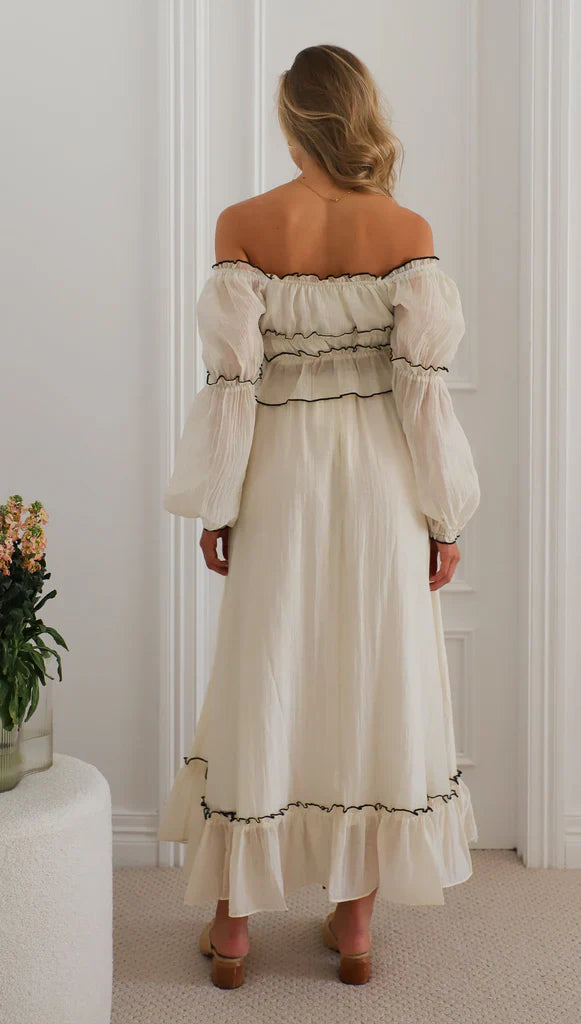 Summer Off-Neck Puff Long Sleeve Maxi Dress