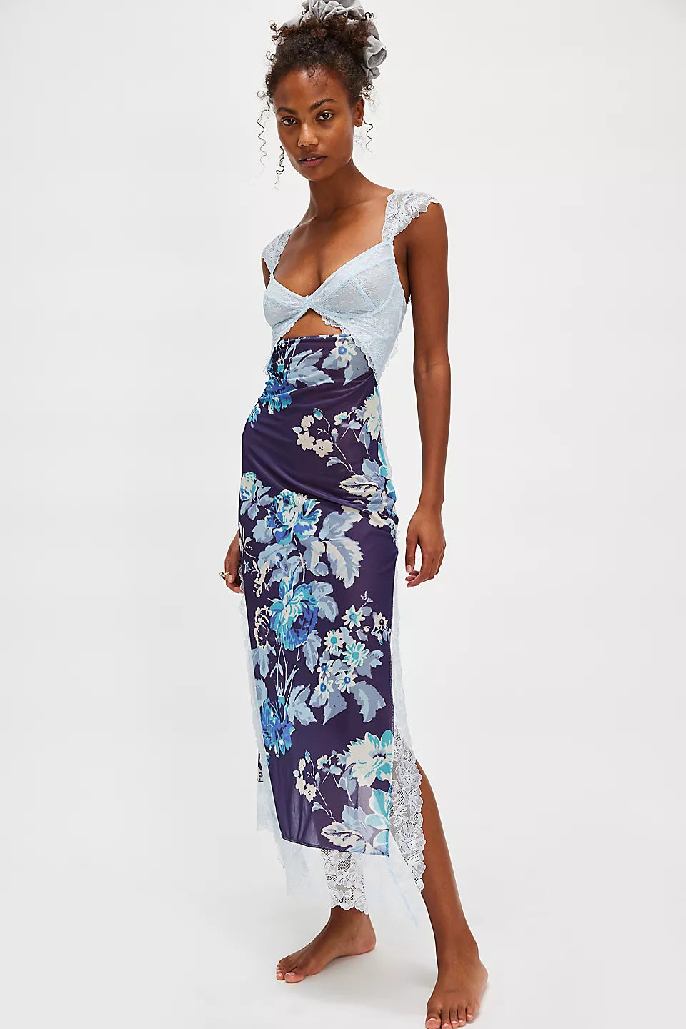 Floral Lace Mesh Side Slit Maxi Dress