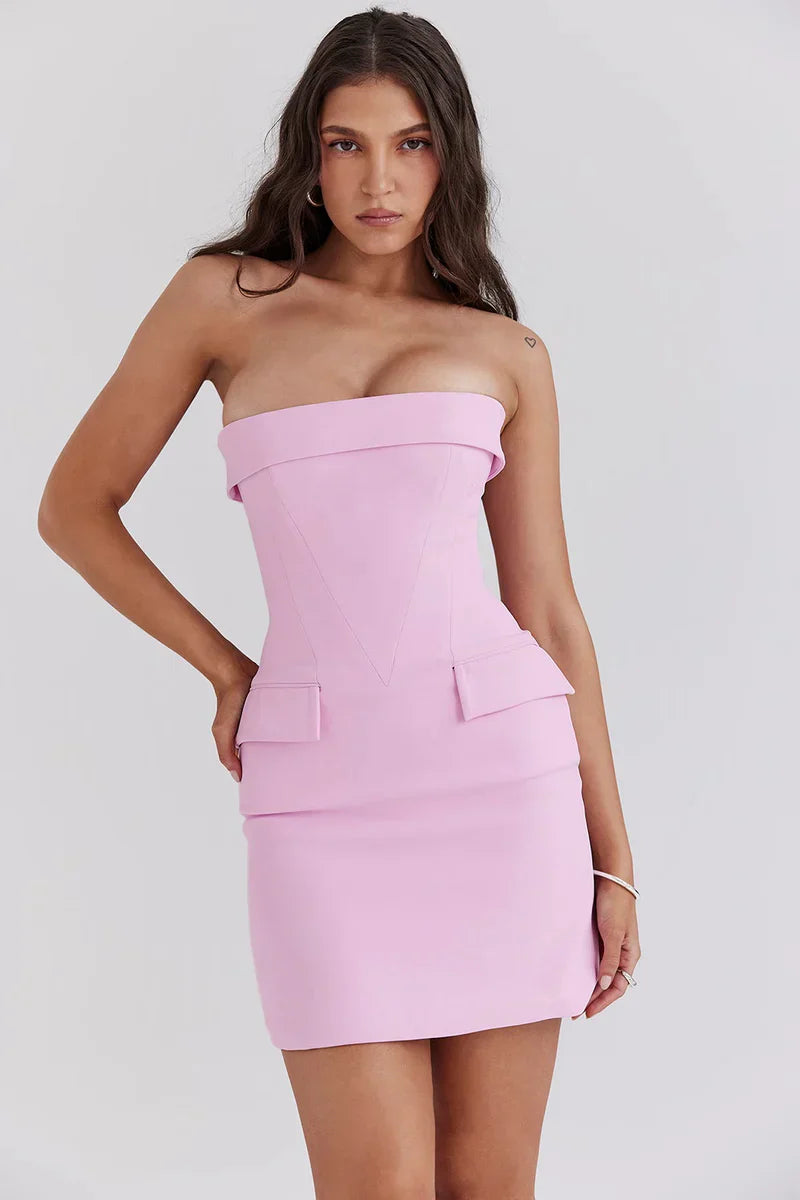 Strapless Decorative Pockets Mini Dress In Light Pink