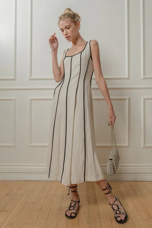 Beige Midi Dress With Stripes