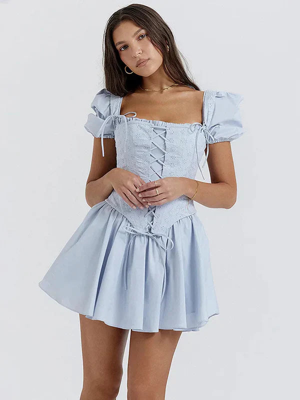 Square Neck Puff Sleeve Mini Dress In Light Blue