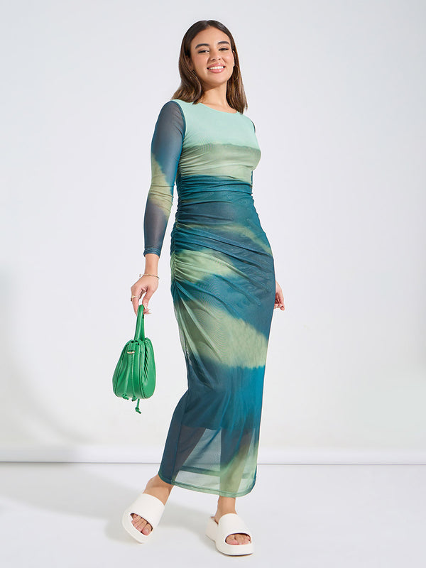 Tie Dye Mesh Maxi Dress In Green