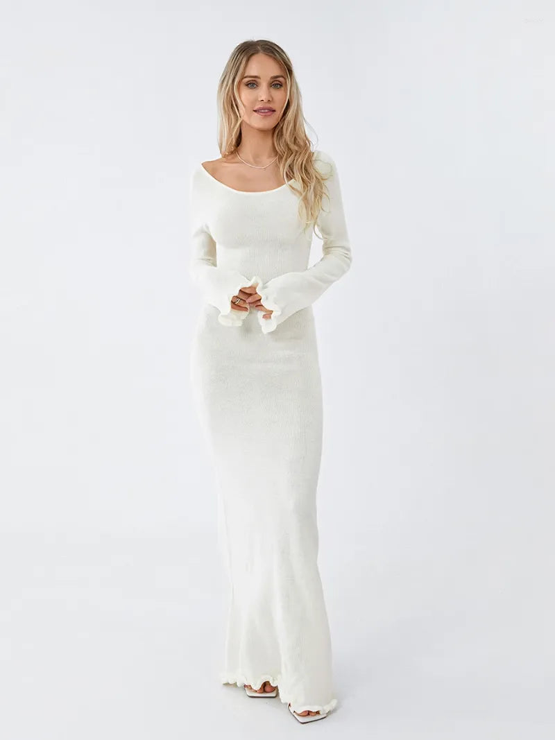 Long Sleeve Knitted Maxi Dress In White