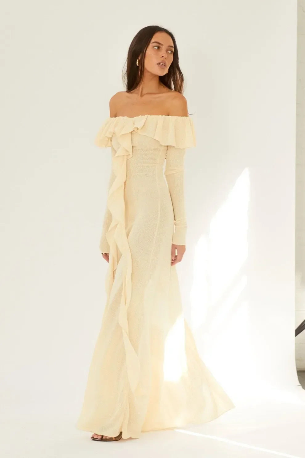 Off Shoulder Long Sleeve Maxi Dress In Yellow