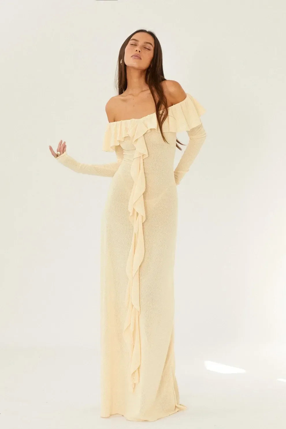 Off Shoulder Long Sleeve Maxi Dress In Yellow