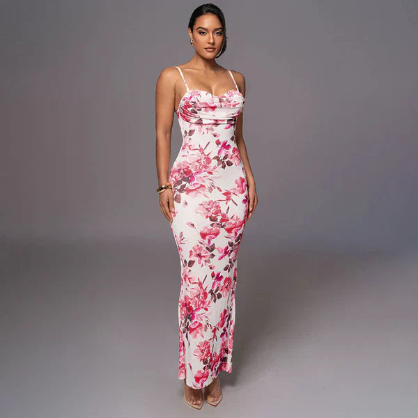Pink Floral Slim Fit Maxi Dress