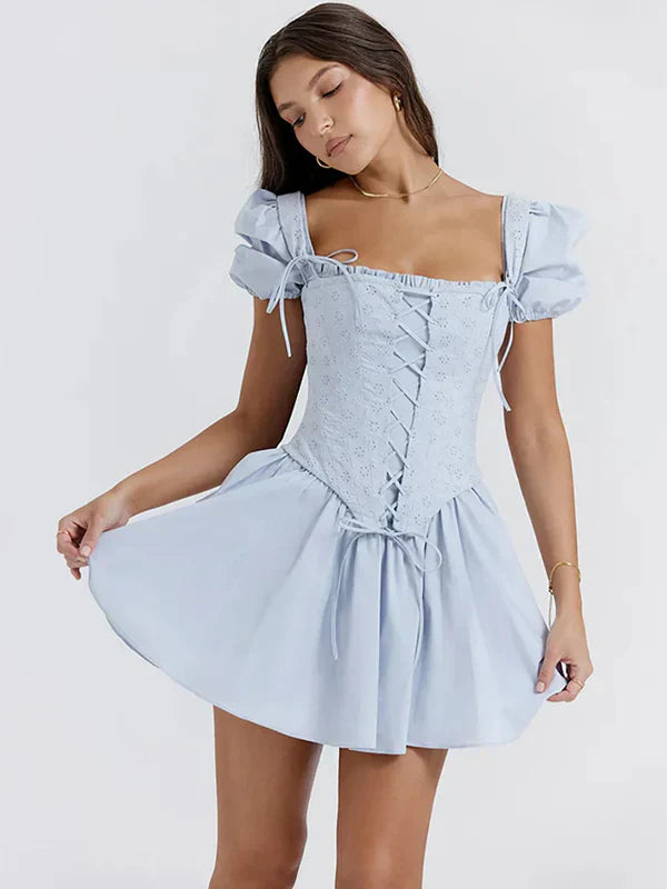 Square Neck Puff Sleeve Mini Dress In Light Blue