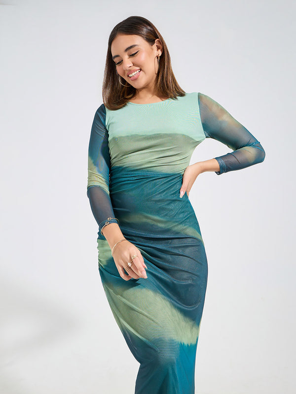 Tie Dye Mesh Maxi Dress In Green