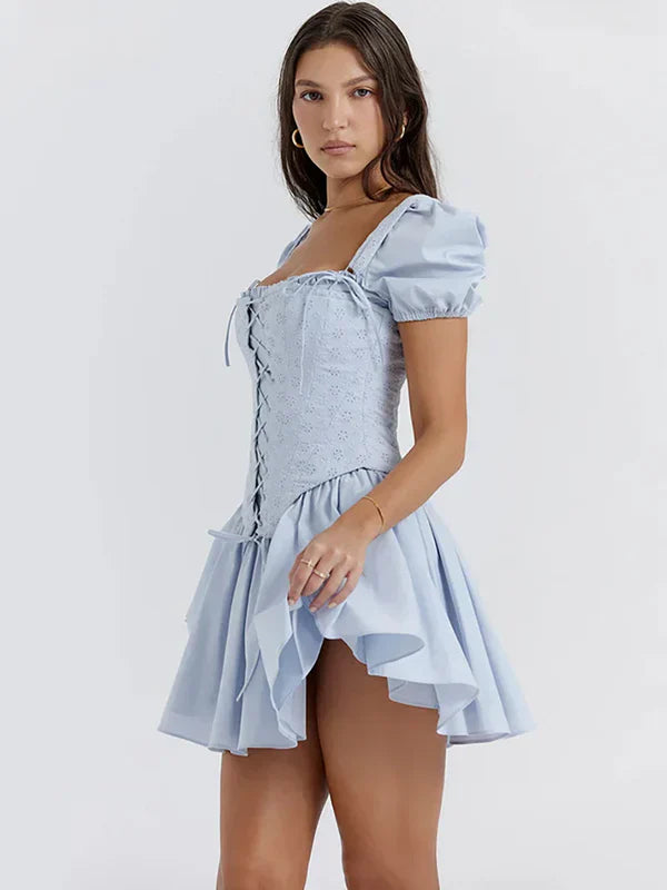 Square Neck Puff Sleeve Mini Dress In Light Blue
