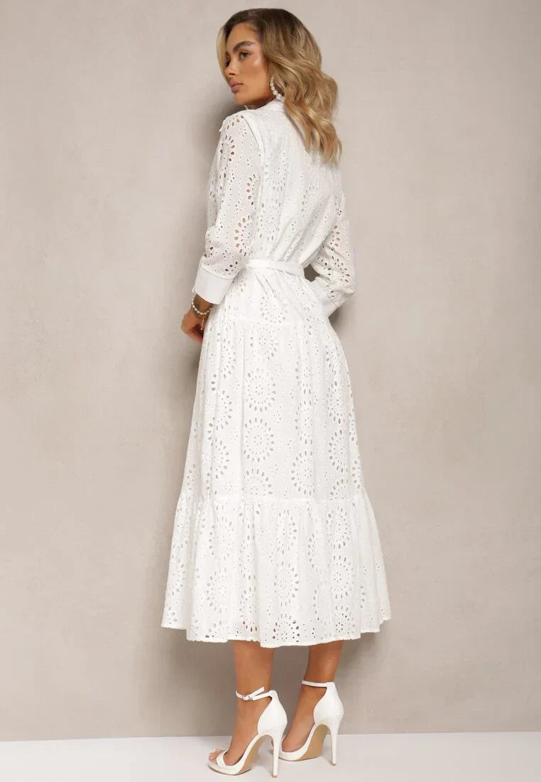 Long Sleeve Embroidery Midi Dress In White