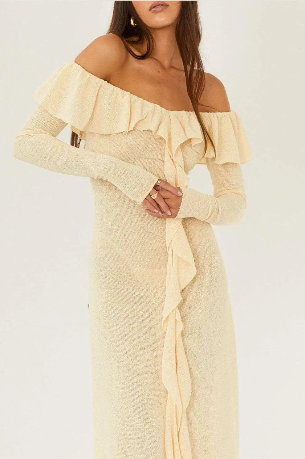 Off Shoulder Long Sleeve Maxi Dress In Yellow