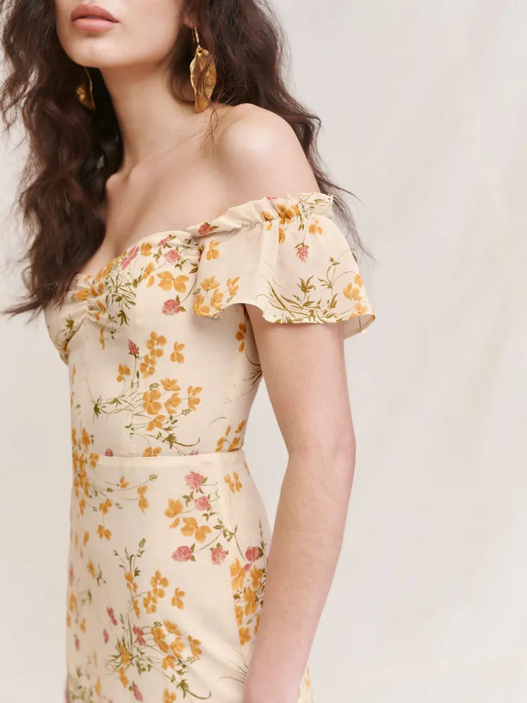 Off Shoulder Floral Midi Dress In Yellow