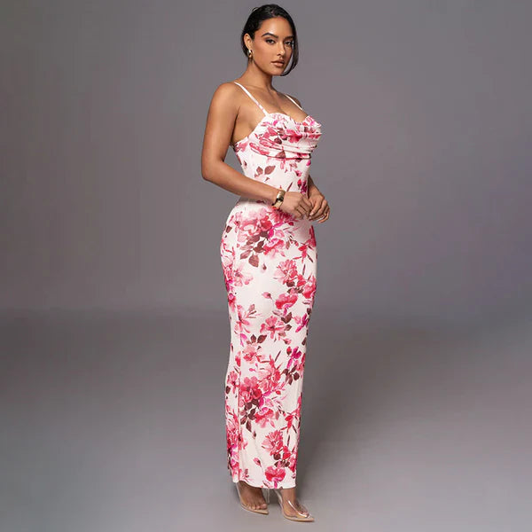 Pink Floral Slim Fit Maxi Dress