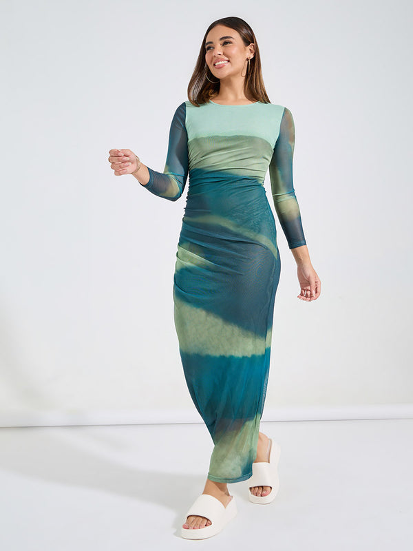 Tie Dye Mesh Maxi Dress In Green