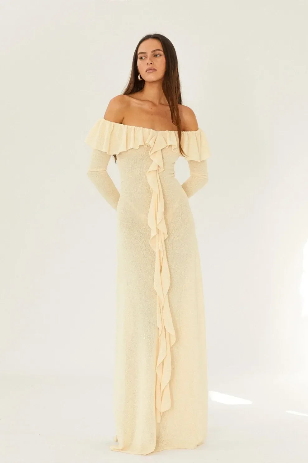 Off Shoulder Long Sleeve Maxi Dress In Yellow
