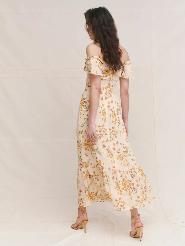 Off Shoulder Floral Midi Dress In Yellow