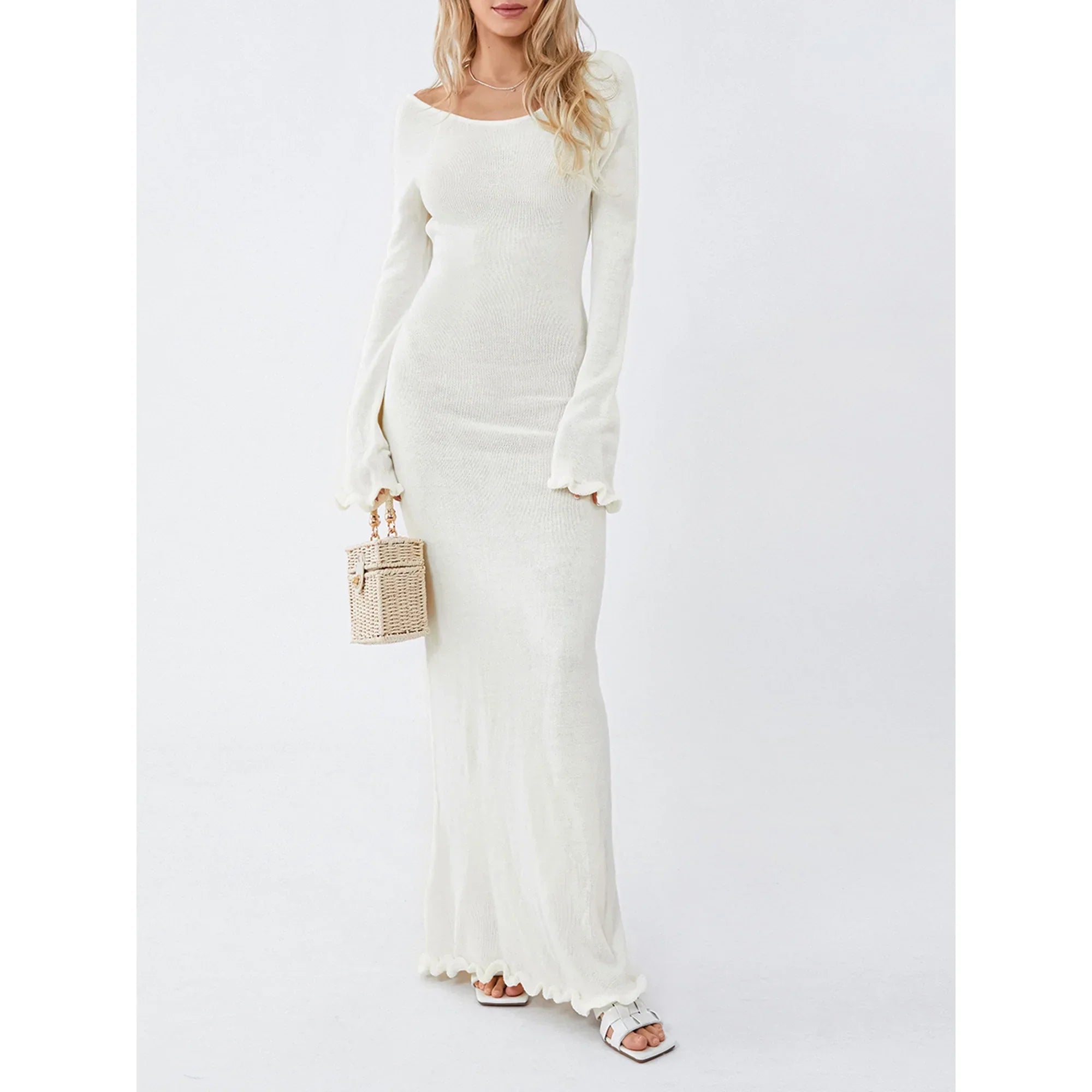 Long Sleeve Knitted Maxi Dress In White