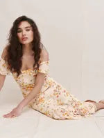 Off Shoulder Floral Midi Dress In Yellow