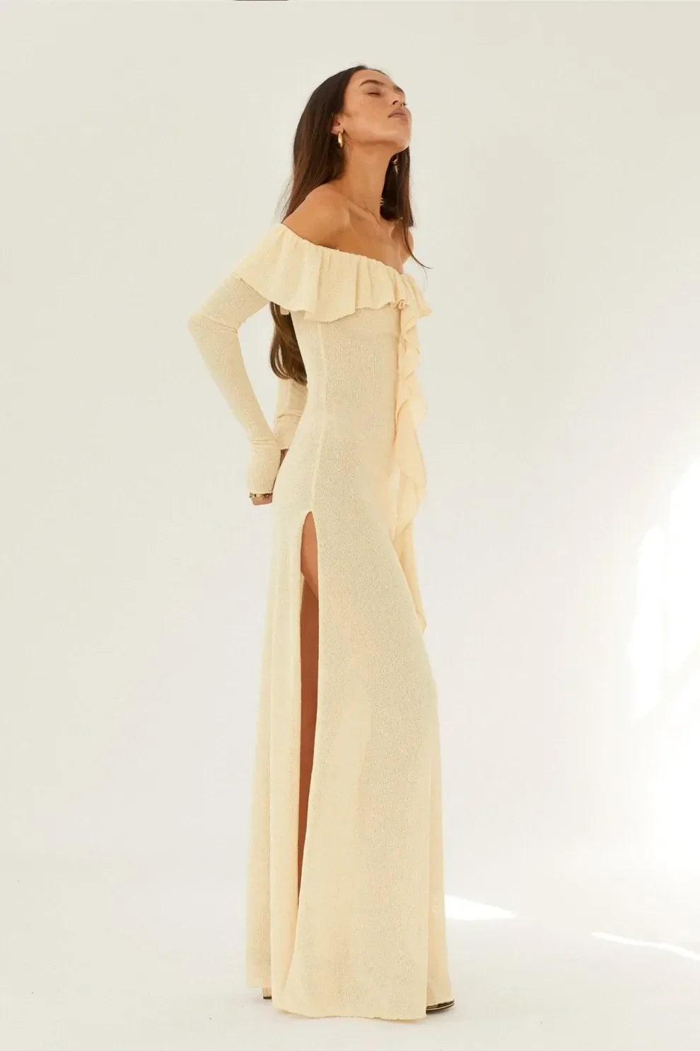 Off Shoulder Long Sleeve Maxi Dress In Yellow