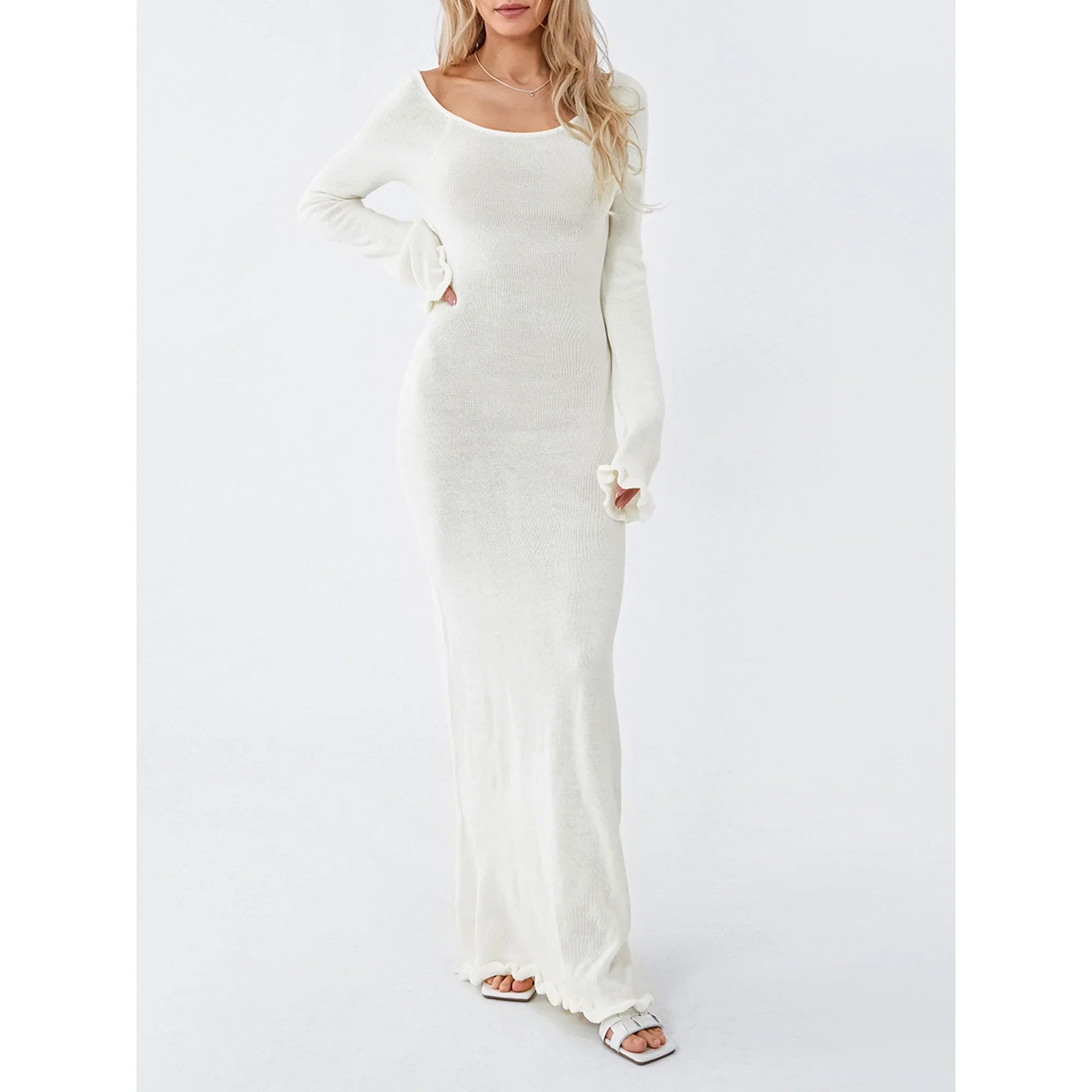 Long Sleeve Knitted Maxi Dress In White