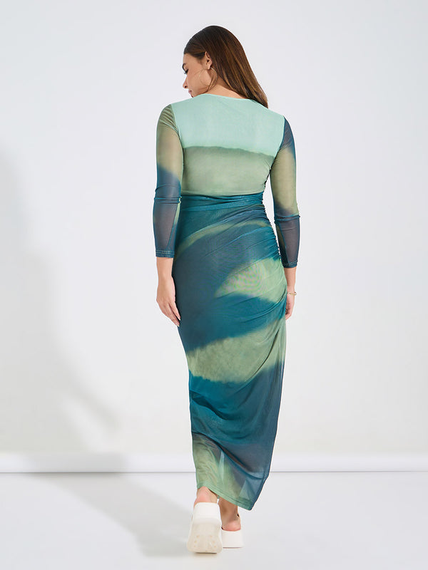 Tie Dye Mesh Maxi Dress In Green